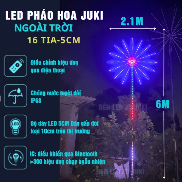 Led phao hoa JUKI mới ra 2025 ngoài trời 5CM, 1 tia chính cao 7m, 11-15 tia phụ đường kính 2m1,có kèm khung